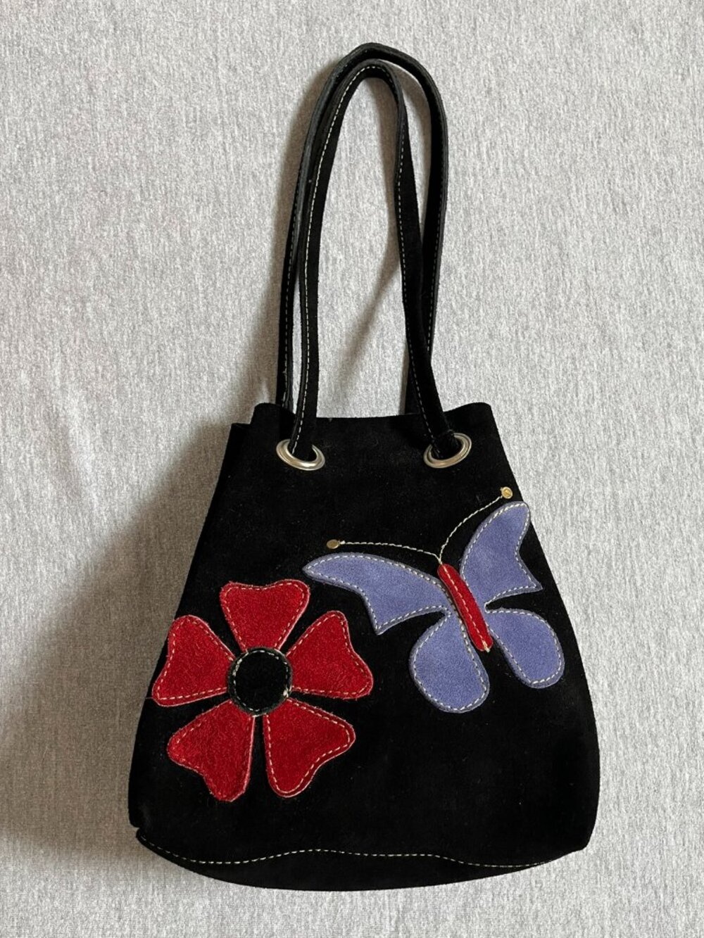 Vintage Black Suede Drawstring Bucket Bag